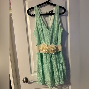 Lace V-neck dress with floral belt